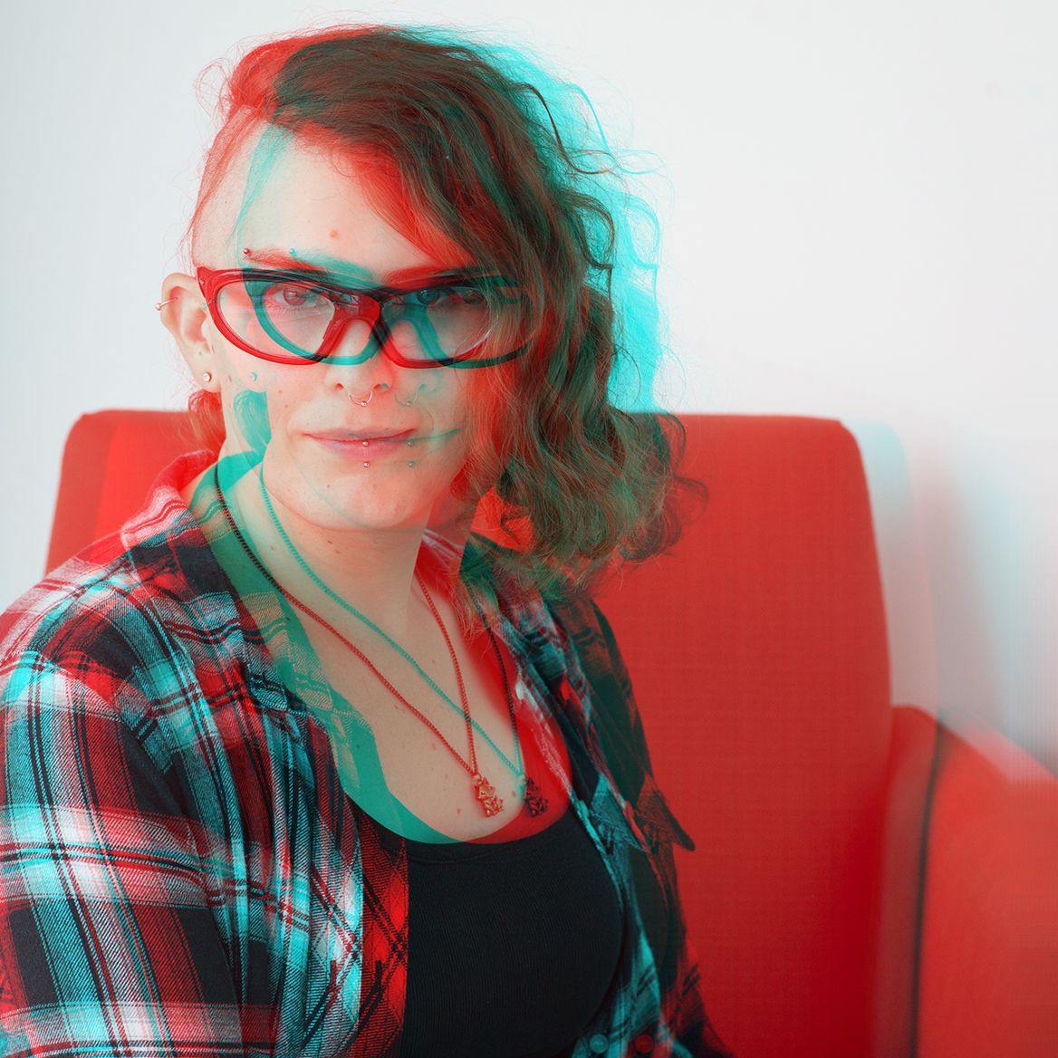 An analglyph version of a headshot of June Epstein.